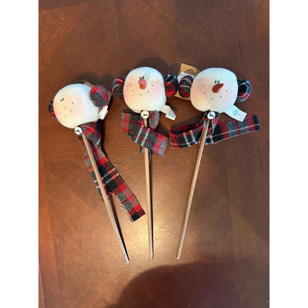 Honey and Me Primitive Snowman Head Floral Picks Set 3 Buffalo Plaid Decor read